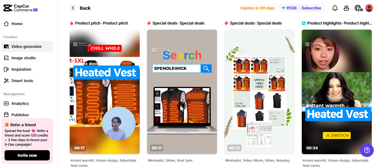 Pippit app interface displaying a heated vest, showcasing content creation for trending Amazon products.